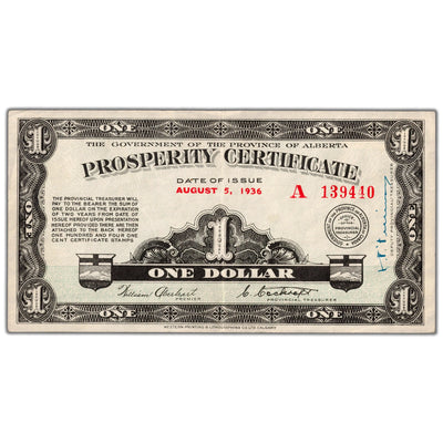 $1 1936 Alberta Prosperity Certificate Note 3 Stamps A-1 - EF/AU