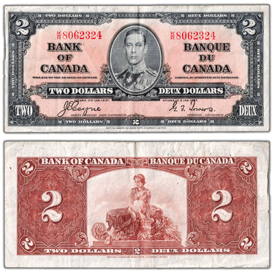 $2 1937 Bank of Canada Note Coyne-Towers K/R Prefix BC-22c - VF (pinholes)