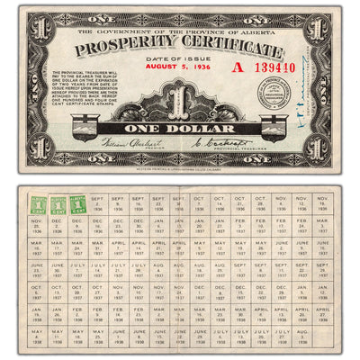$1 1936 Alberta Prosperity Certificate Note 3 Stamps A-1 - EF/AU