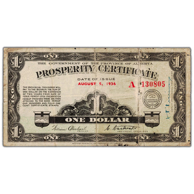 $1 1936 Alberta Prosperity Certificate Note 1 Stamp A-1 - Circulated