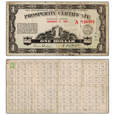 $1 1936 Alberta Prosperity Certificate Note 1 Stamp A-1 - Circulated