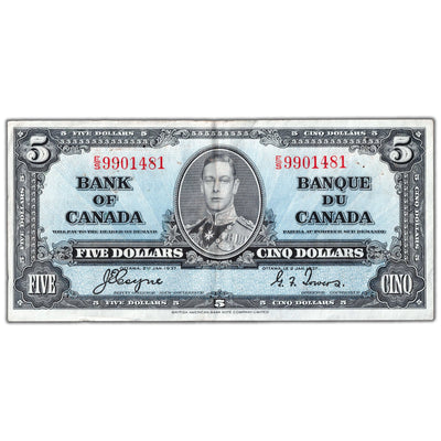 $5 1937 Bank of Canada Note Coyne-Towers E/S Prefix BC-23c - EF (many pinholes)