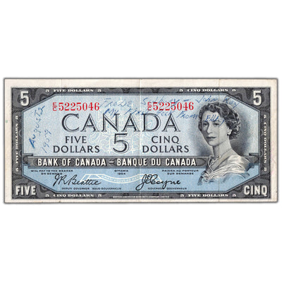 $5 1954 Bank of Canada Note Devil Face E/C Prefix BC-31b - VF/EF (writing)