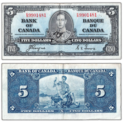 $5 1937 Bank of Canada Note Coyne-Towers E/S Prefix BC-23c - EF (many pinholes)