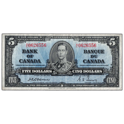 $5 1937 Bank of Canada Note Osborne Signature A/C Prefix BC-23a - VF+