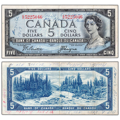$5 1954 Bank of Canada Note Devil Face E/C Prefix BC-31b - VF/EF (writing)