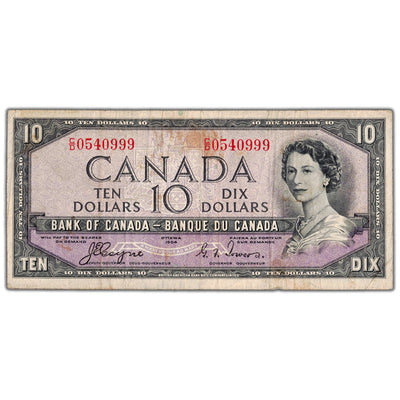 SOLD $10 1954 Bank of Canada Note Devil Face C/D Prefix BC-32a - Circulated