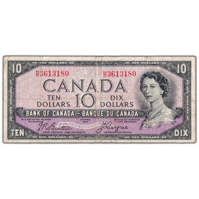 $10 1954 Bank of Canada Note Devil Face H/D Prefix BC-32b - F/VF