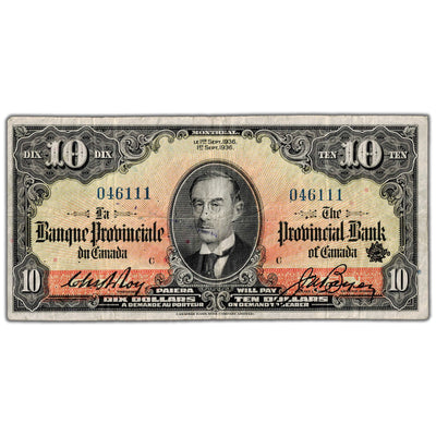 SOLD $10 1936 La Banque Provinciale du Canada Chartered Note #615-18-06 - Fine (many pinholes)
