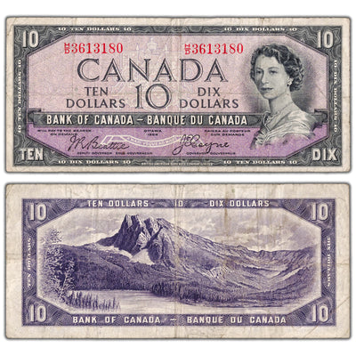 $10 1954 Bank of Canada Note Devil Face H/D Prefix BC-32b - F/VF