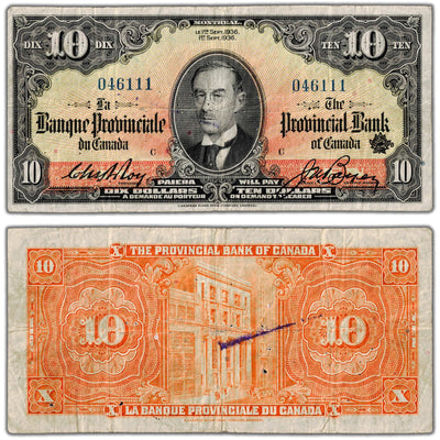 SOLD $10 1936 La Banque Provinciale du Canada Chartered Note #615-18-06 - Fine (many pinholes)
