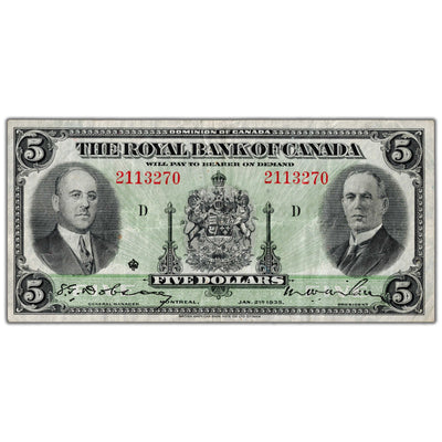 $5 1935 Royal Bank of Canada Chartered Note #630-18-02 - F/VF