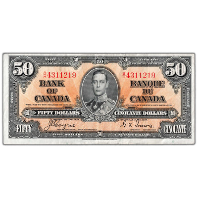 SOLD $50 1937 Bank of Canada Note Coyne-Towers B/H Prefix BC-26c - VF+