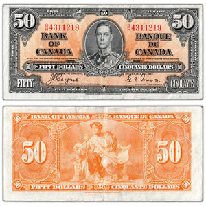 SOLD $50 1937 Bank of Canada Note Coyne-Towers B/H Prefix BC-26c - VF+