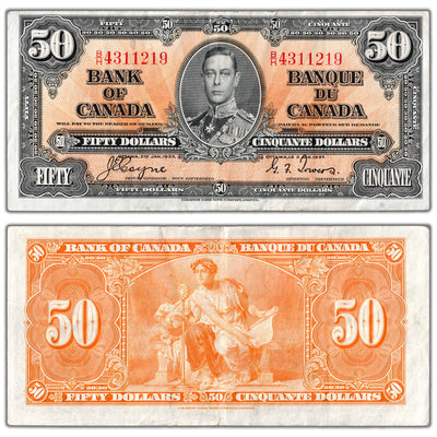 SOLD $50 1937 Bank of Canada Note Coyne-Towers B/H Prefix BC-26c - VF+
