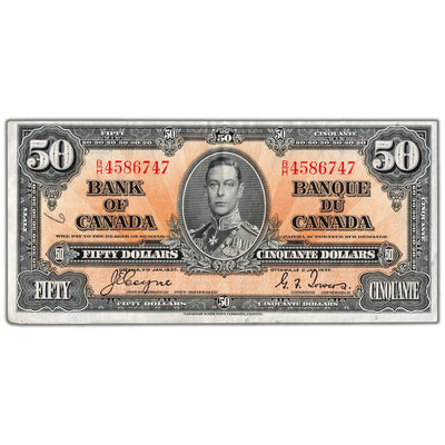 SOLD $50 1937 Bank of Canada Note Coyne-Towers B/H Prefix BC-26c - VF/EF (writing)