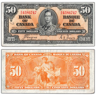 SOLD $50 1937 Bank of Canada Note Coyne-Towers B/H Prefix BC-26c - VF/EF (writing)
