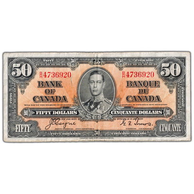 $50 1937 Bank of Canada Note Coyne-Towers B/H Prefix BC-26c - F/VF