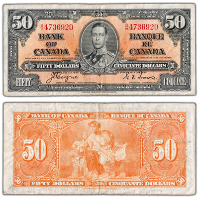 $50 1937 Bank of Canada Note Coyne-Towers B/H Prefix BC-26c - F/VF