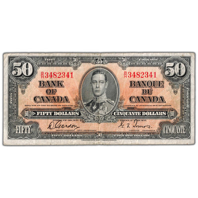 SOLD $50 1937 Bank of Canada Note Gordon-Towers B/H Prefix BC-26b - Fine