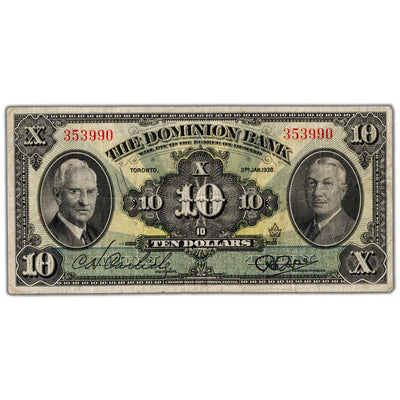 $10 1938 The Dominion Bank Canada Chartered Note #220-28-04 - F/VF