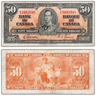 SOLD $50 1937 Bank of Canada Note Gordon-Towers B/H Prefix BC-26b - Fine