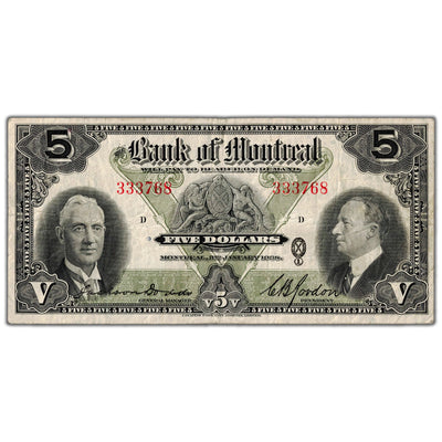 $5 1938 Bank of Montreal Canada Chartered Note #505-62-02 - Fine+