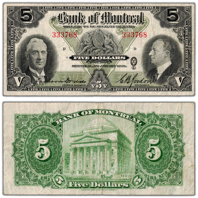 $5 1938 Bank of Montreal Canada Chartered Note #505-62-02 - Fine+