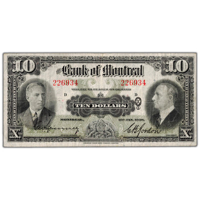 $10 1938 Bank of Montreal Canada Chartered Note #505-62-04 - VF