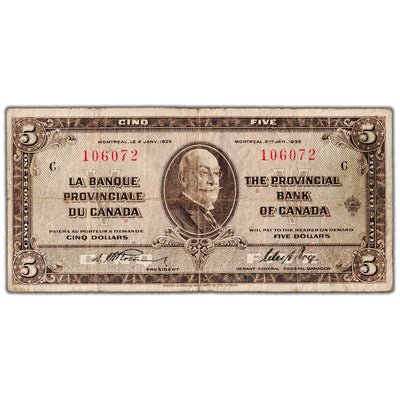 $5 1935 La Banque Provinciale du Canada Chartered Note #615-16-02 - Fine