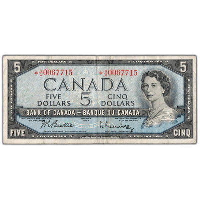 SOLD $5 1954 Bank of Canada Note *R/C Replacement Prefix BC-39bA - Fine