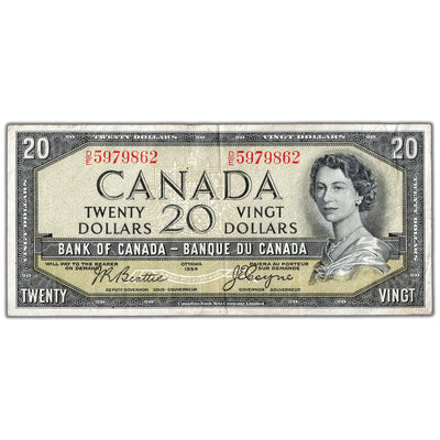 $20 1954 Bank of Canada Note Devil Face D/E Prefix BC-33b - VF (small hole)