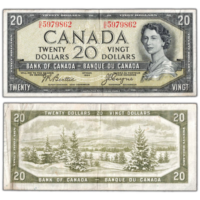 $20 1954 Bank of Canada Note Devil Face D/E Prefix BC-33b - VF (small hole)