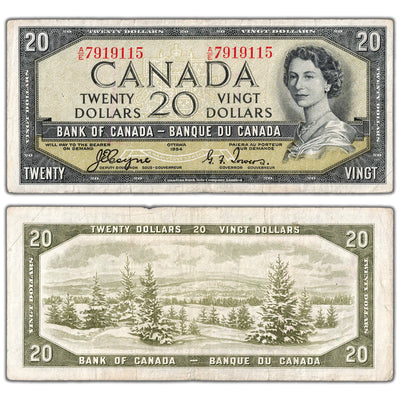 $20 1954 Bank of Canada Note Devil Face A/E Prefix BC-33a - Fine