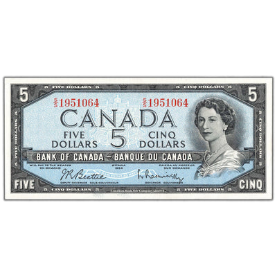 $5 1954 Bank of Canada Note Beattie-Rasminsky S/S Prefix BC-39b - AU-58