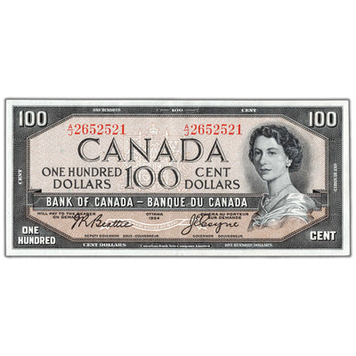 SOLD $100 1954 Bank of Canada Note Beattie-Coyne A/J Prefix BC-43b - AU