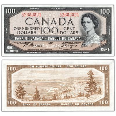 SOLD $100 1954 Bank of Canada Note Beattie-Coyne A/J Prefix BC-43b - AU