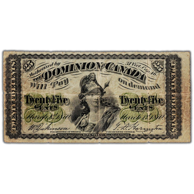 25 Cents 1870 Dominion of Canada Shinplaster Note Plain DC-1c - Fine (minor holes)
