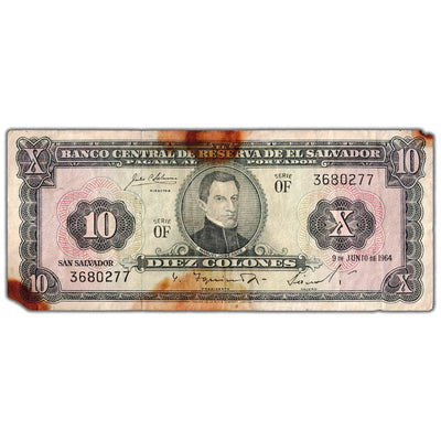 El Salvador 1966 10 Ten Colones Note P #103a - Damaged Filler