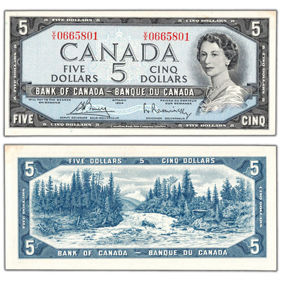 $5 1954 Bank of Canada Note Bouey-Rasminsky V/X Prefix BC-39c - UNC