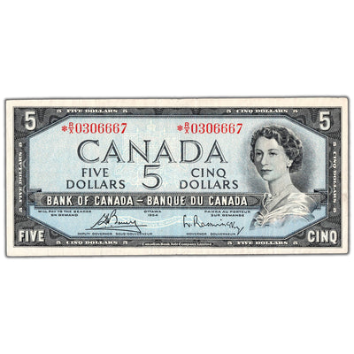 SOLD $5 1954 Bank of Canada Note *R/X Replacement Prefix Below 0.36M BC-39cA - VF