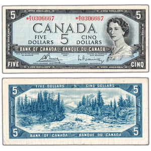 SOLD $5 1954 Bank of Canada Note *R/X Replacement Prefix Below 0.36M BC-39cA - VF