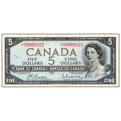 SOLD $5 1954 Bank of Canada Note *N/X Replacement Prefix BC-39bA - VF (writing)