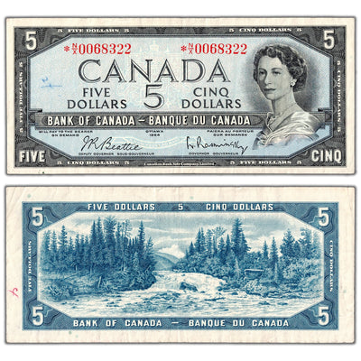 SOLD $5 1954 Bank of Canada Note *N/X Replacement Prefix BC-39bA - VF (writing)