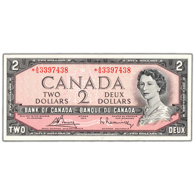 SOLD $2 1954 Bank of Canada Note *A/G Replacement Prefix Above 3.2M BC-38cA - AU