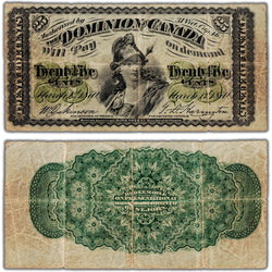 25 Cents 1870 Dominion of Canada Shinplaster Note Plain DC-1c - Fine (minor holes)