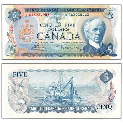 $5 1972 Bank of Canada Note *CA Replacement Under 3.280M BC-48aA - Ch UNC