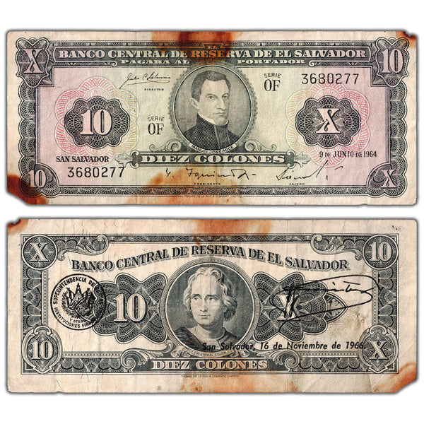 El Salvador 1966 10 Ten Colones Note P #103a - Damaged Filler - The ...