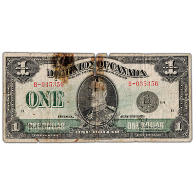 $1 1923 Dominion of Canada Note Black Seal Series B DC-25a - Damaged Filler