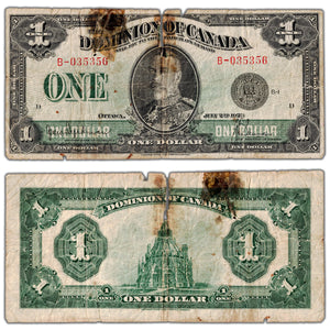 $1 1923 Dominion of Canada Note Black Seal Series B DC-25a - Damaged Filler